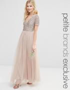 Maya Petite V Neck Maxi Tulle Dress With Tonal Delicate Sequins - Taupe