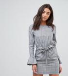 Parisian Tall Check Dress With Flare Sleeve And Tie Waist - Gray