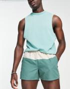 Asos Design Swim Shorts In Green And Beige Color Block Short Length