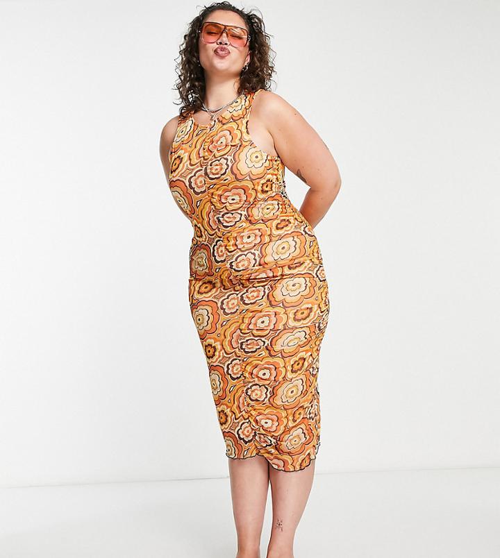 Neon Rose Plus Racer Midi Dress With Ruched Front Seam In 70s Floral Mesh-multi