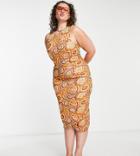 Neon Rose Plus Racer Midi Dress With Ruched Front Seam In 70s Floral Mesh-multi