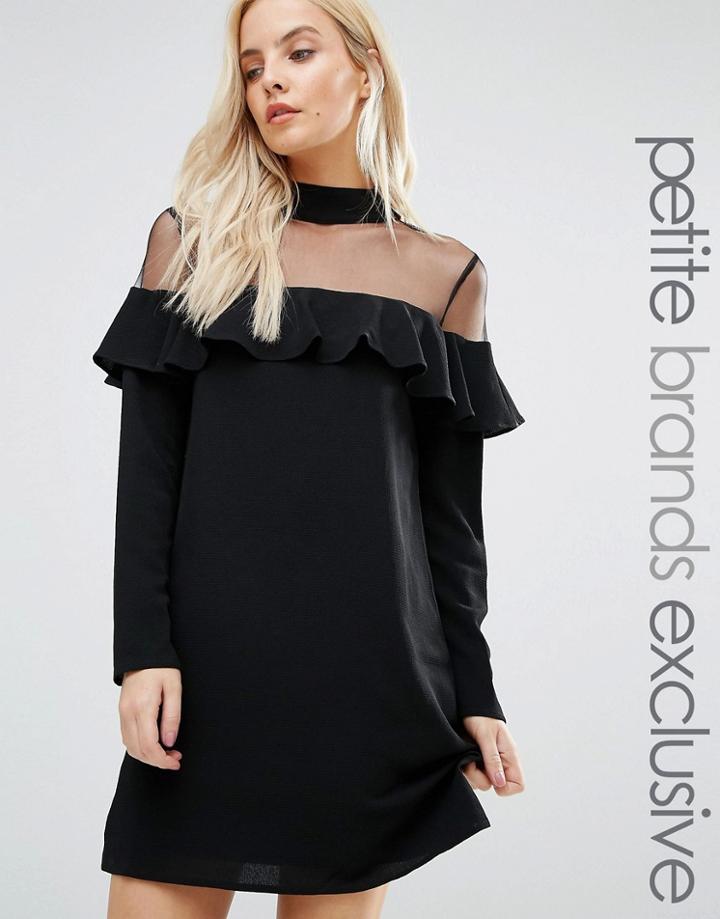 Fashion Union Petite Sheer Mesh Insert Dress With Frill Detail - Black