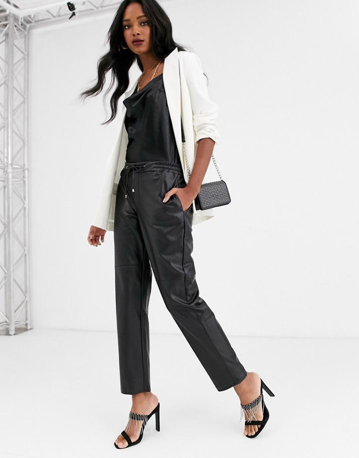 Mango Tie Waist Faux Leather Pants In Black