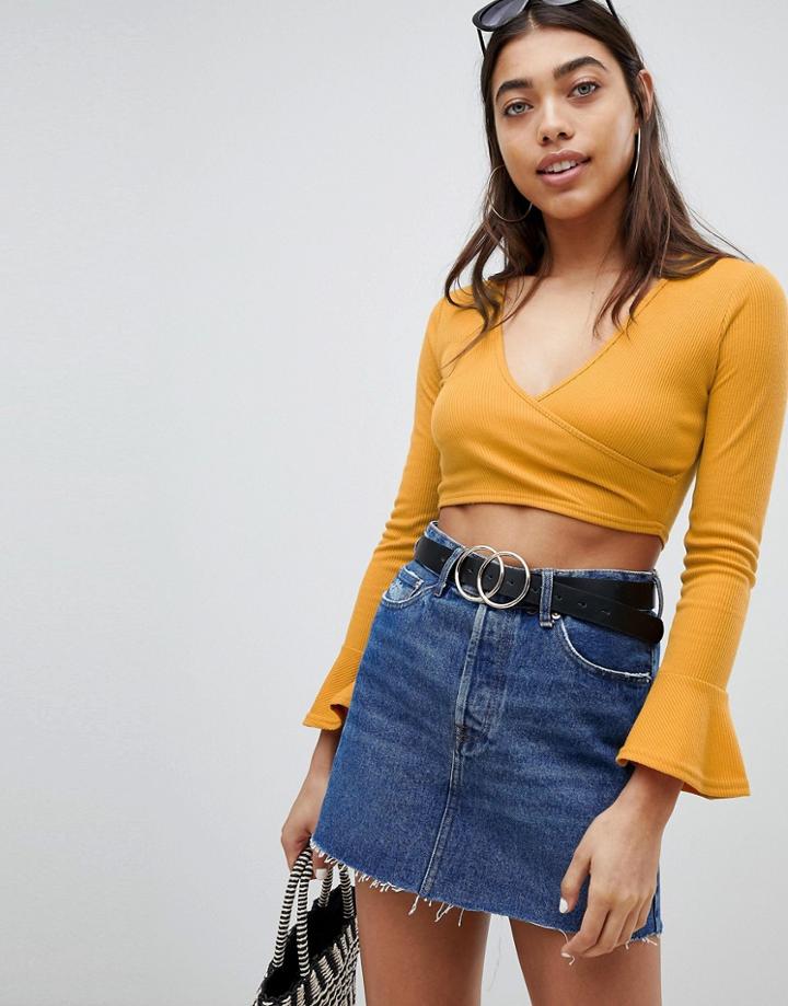 Boohoo Long Sleeve Wrap Front Crop Top - Pink