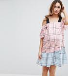 Asos Maternity Check Mix And Match Cold Shoulder Cotton Mini Dress - Multi