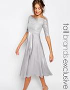 True Decadence Tall Lace Bardot Midi Prom Dress - Gray