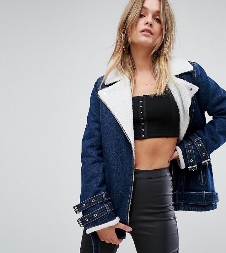 Missguided Fleece Lined Denim Aviator Jacket - Blue