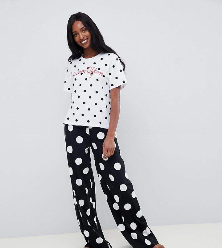 Asos Design Tall Dream Often Embroidered Polka Dot Wide Leg Pyjama Set - Black