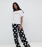 Asos Design Tall Dream Often Embroidered Polka Dot Wide Leg Pyjama Set - Black