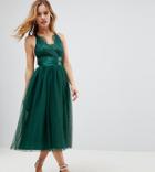 Asos Petite Premium Lace Top Tulle Midi Prom Dress With Ribbon Ties - Green