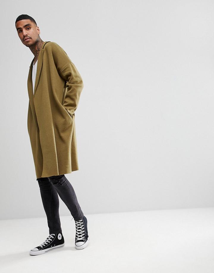 Asos Longline Knitted Duster Jacket In Khaki - Green