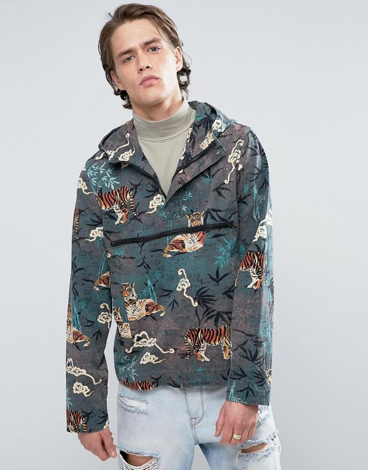 Asos Over Head Windbreaker In Tiger Print - Green