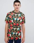 Asos Design Regular Fit Floral Chain Print Shirt In Satin - Black