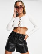Lost Ink Knitted Tie Front Cropped Cardigan In White