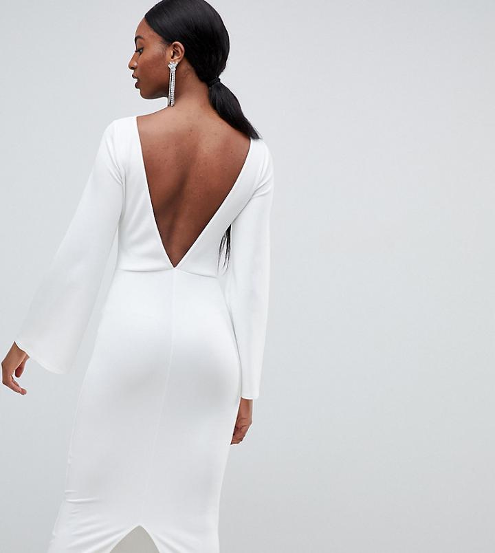 Asos Design Tall High Neck Bodycon Midi Dress With Open Back And Flared Sleeve - White