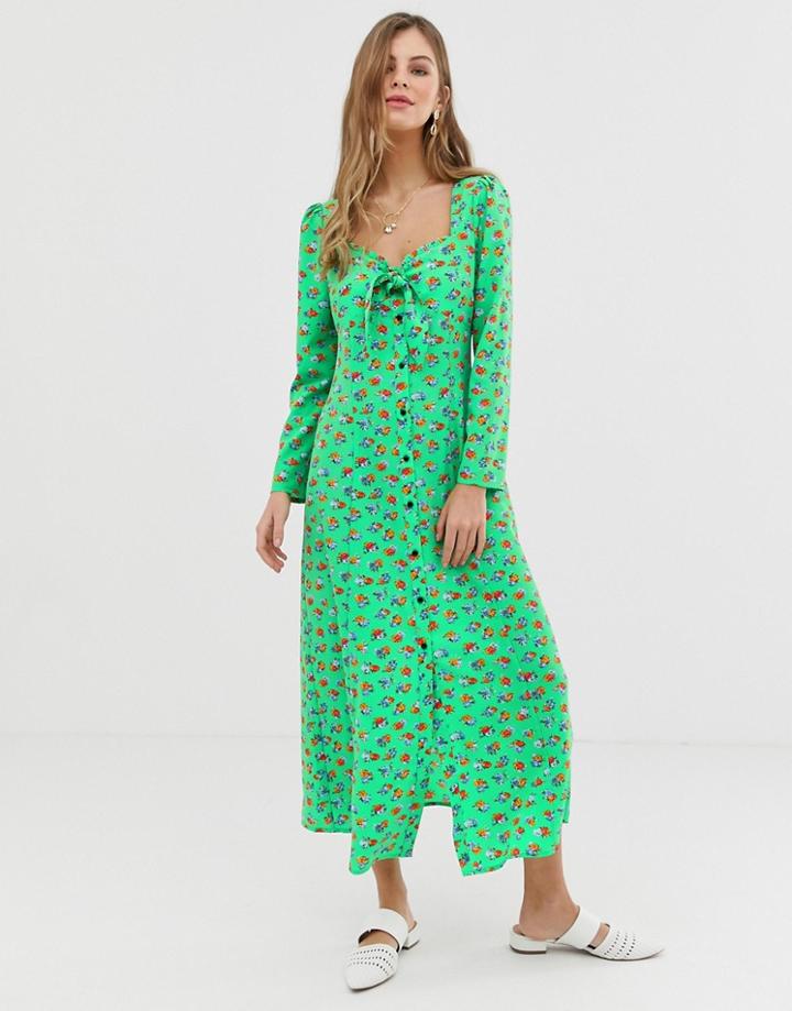 Asos Design Button Through Bow Front Maxi Dress In Floral Print - Multi