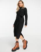 New Look Roll Neck Tie Waist Knitted Dress In Black