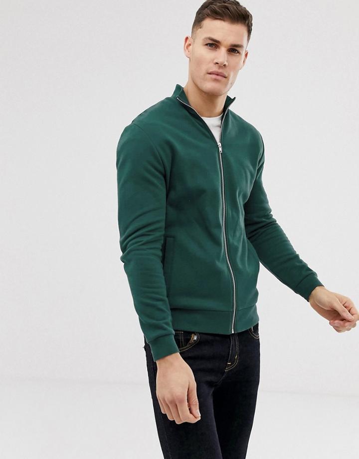 Asos Design Jersey Track Jacket In Dark Green - Green