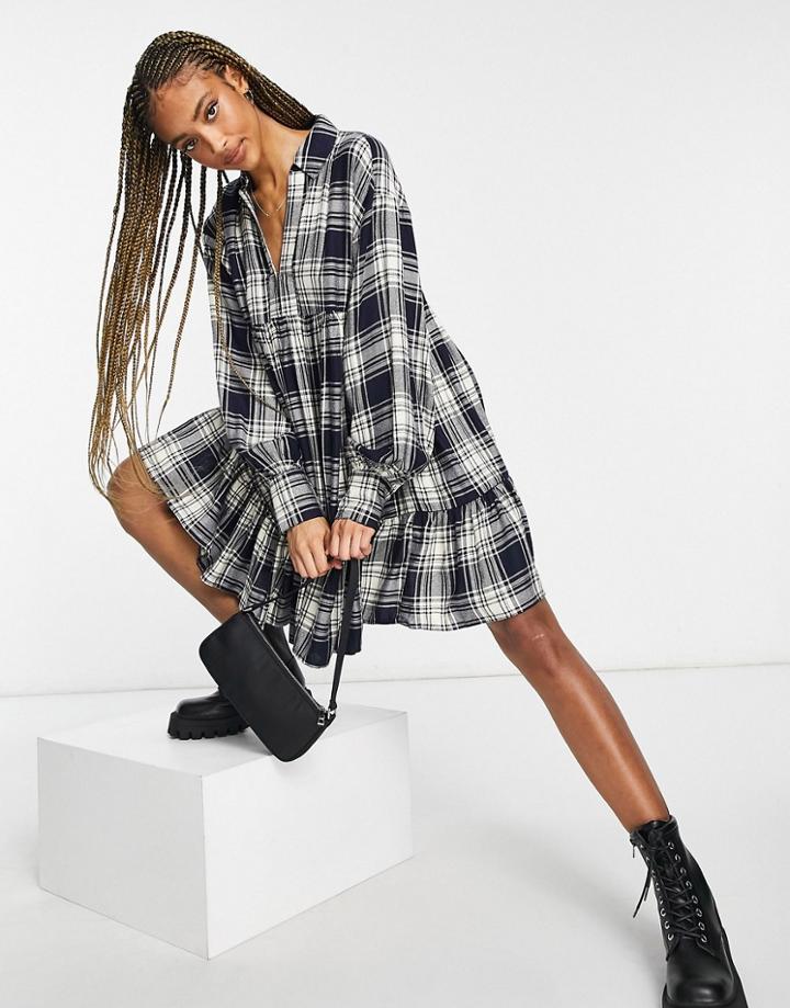 Asos Design Trapeze Mini Shirt Dress With Peplum Hem In Navy Plaid-multi