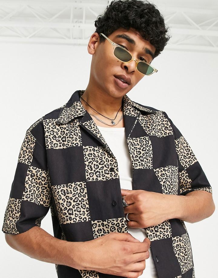 Vintage Supply Leopard Checkerboard Revere Shirt In Black
