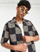 Vintage Supply Leopard Checkerboard Revere Shirt In Black