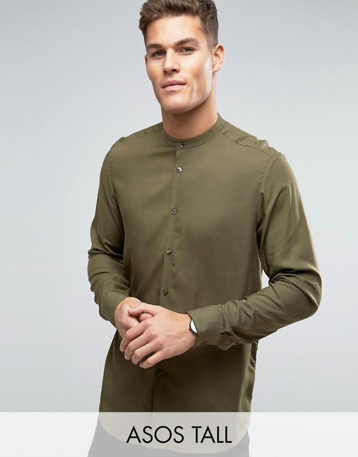 Asos Tall Viscose Shirt With Grandad Collar - Green