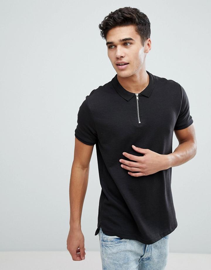 Brave Soul Ribbed Zip Neck Polo Shirt - Black