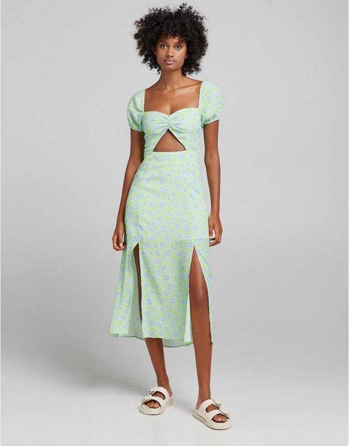 Bershka Cut Out Detail Midi Floral Dress In Lime-green