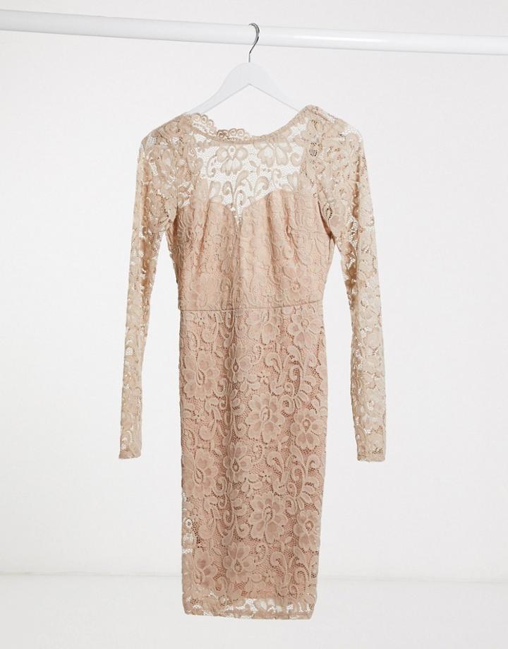 Flounce London Lace Midi Dress With Scalloped Back In Mink-pink