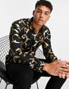 Twisted Tailor Axl Skinny Shirt In Black With Gold Foil Print-multi
