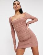 Club L London Square Neck Ruched Mini Dress In Rose Brown-purple