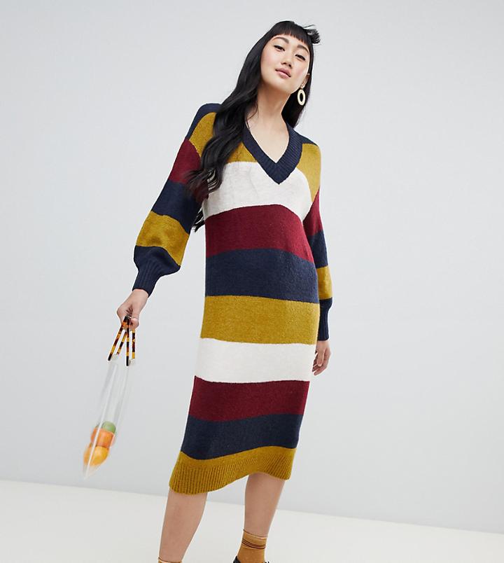 Monki V-neck Knitted Dress In Multi Stripe