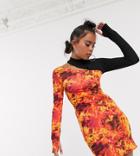Collusion Long Sleeve Mini Dress In Spliced Flame Print-multi