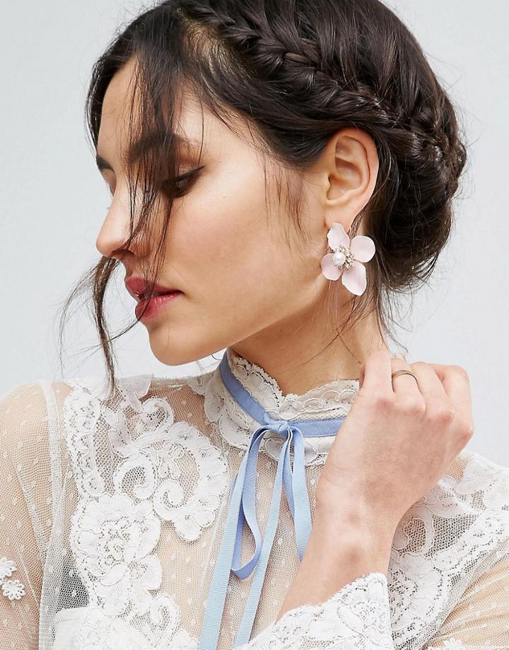 Asos Faux Pearl Flower Stud Earrings - Pink