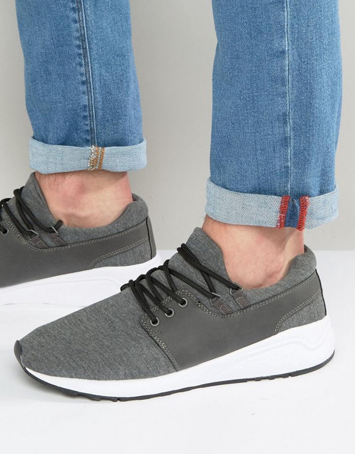 Pull & Bear Sneakers With Faux Leather Trim In Gray - Gray