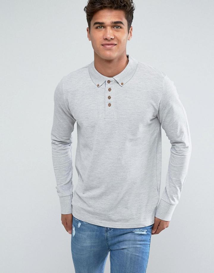 Brave Soul Long Sleeve Pique Polo Shirt - Gray