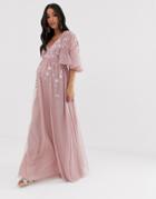 Asos Design Maternity Flutter Sleeve Maxi Dress In Embroidered Mesh - Pink