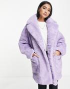 Topshop Borg Midi Coat With Patch Pockets In Lilac-purple