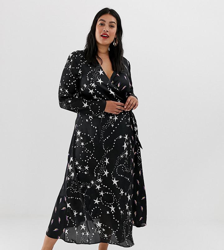 Asos Design Curve Wrap Maxi Dress In Star And Lightening Bolt - Multi