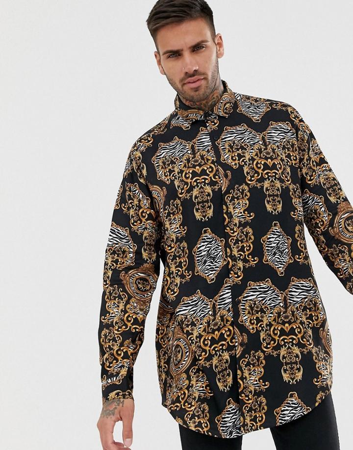 Asos Design Drop Shoulder Oversized Baroque Print Shirt-black