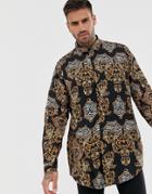 Asos Design Drop Shoulder Oversized Baroque Print Shirt-black