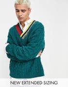 Asos Design Oversized Cable Knit Sweater With Neck Embroidery-green