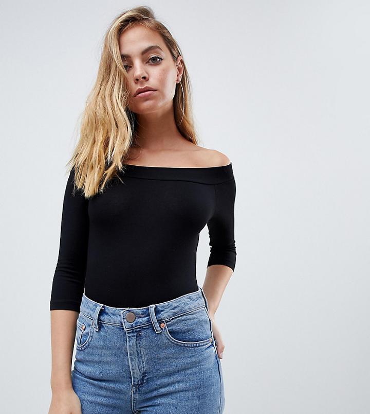 Asos Design Petite Top With Bardot Neck And 3/4 Sleeves - Black