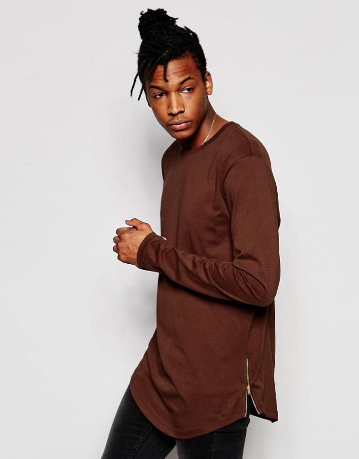 Asos Longline Long Sleeve T-shirt With Curve Hem And Zip In Rust - Brown