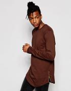 Asos Longline Long Sleeve T-shirt With Curve Hem And Zip In Rust - Brown