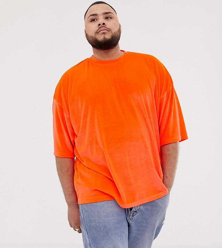 Asos Design Plus Oversized T-shirt With Half Sleeve In Neon Orange Velour