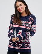 Club L Fairisle Scenic Snowman Holidays Sweater - Navy