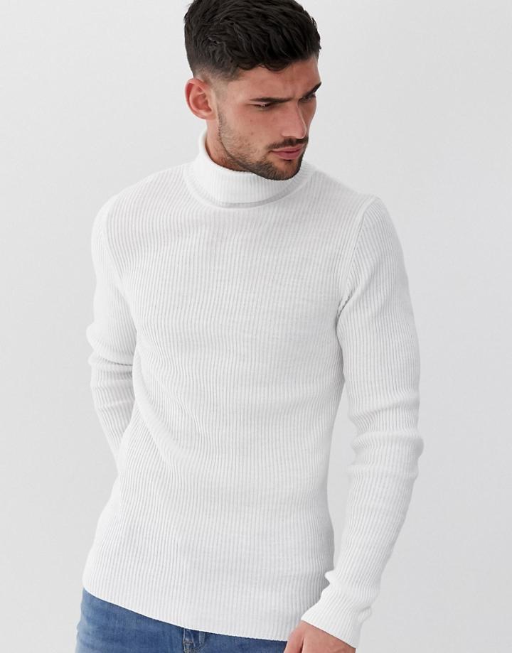 Asos Design Muscle Fit Ribbed Roll Neck Sweater In White - White
