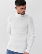Asos Design Muscle Fit Ribbed Roll Neck Sweater In White - White