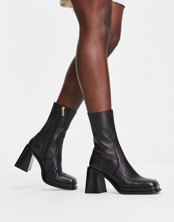 Asos Design Restore Leather Mid-heel Boots In Black
